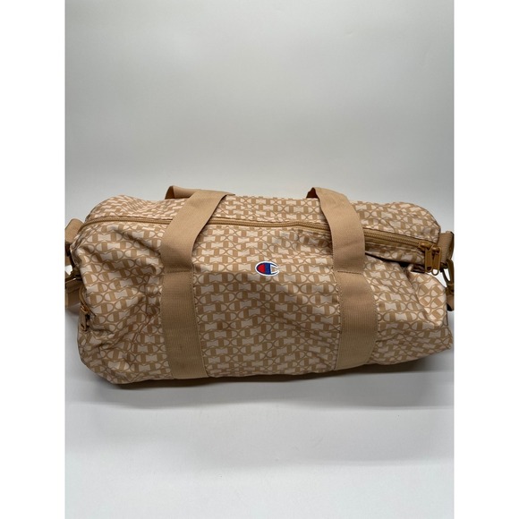 Champion Duffle Bag Beige Allover Print Logo Gym Travel Carry On - Picture 1 of 10